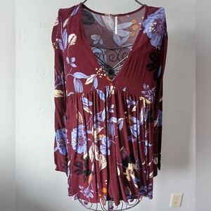 Free People Burgundy Floral V-Neck Long Sleeve Mini Dress Or Tunic